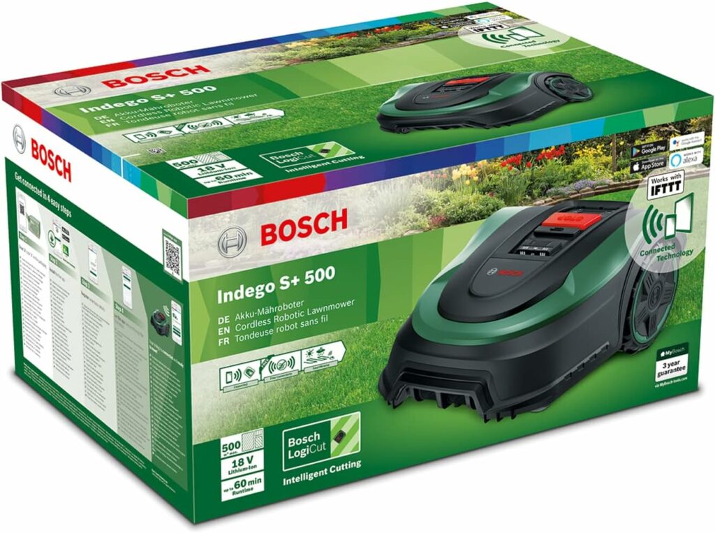Bosch Home and Garden Indego S+ 500 robotmaaier (met 18V-batterij en app-functie, inclusief laadstation, maaibreedte 19 cm, voor gazons tot 500 m², in doos), zwart, groen