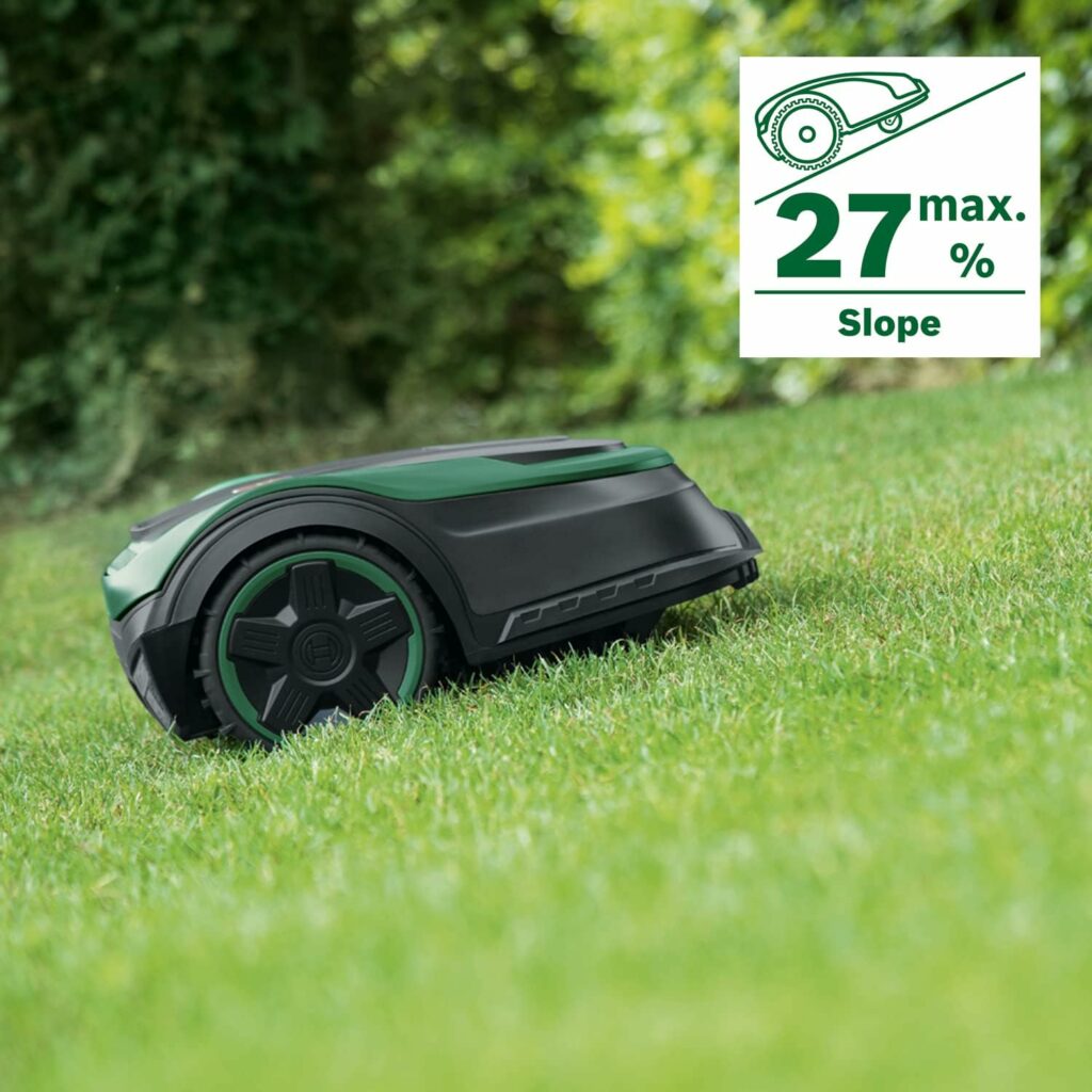 Bosch Home and Garden Indego S+ 500 robotmaaier (met 18V-batterij en app-functie, inclusief laadstation, maaibreedte 19 cm, voor gazons tot 500 m², in doos), zwart, groen