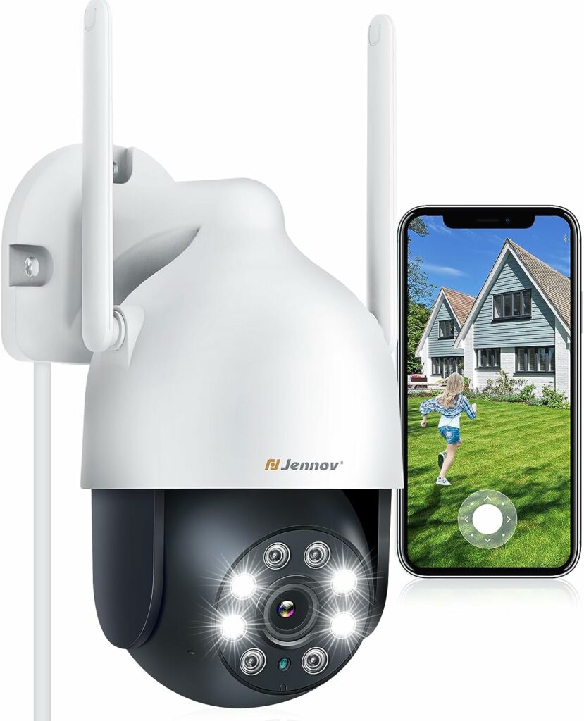Jennov 2K Bewakingscamera Buiten WiFi, 3MP WiFi IP Camera Buiten met Elektrische, 360° Pan Tilt View, bewegingsdetectie, kleurennachtzicht, licht- en geluidsalarm, 2-weg audio, Alexa compatibel