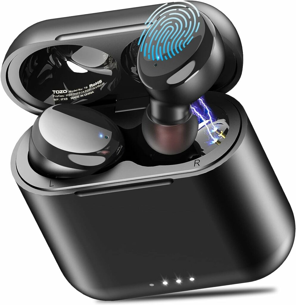 TOZO T6 True Draadloze Oordopjes Bluetooth Hoofdtelefoon Touch Control met Draadloze Opladen IPX8 Waterdichte Stereo Oortelefoon in Ear Headset Premium Diepe Bas Zwart