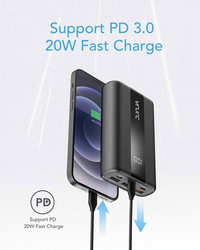 VRURC PowerBank 20000mAh Klein 22.5W Snel opladen Power Bank Kleine en krachtige externe mobiele telefoon Batterij PD QC3.0 Fast Charging Compatibel met iPhone Samsung Huawei iPad Switch en meer