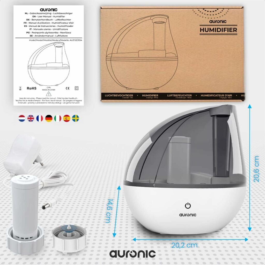 Auronic Ultrasoon Luchtbevochtiger– Humidifier - Luchtbevochtigers – Luchtbevochtiger Babykamer Slaapkamer Kinderkamer – 1,5L - Fluisterstil – Tot 25 Uur - Wit