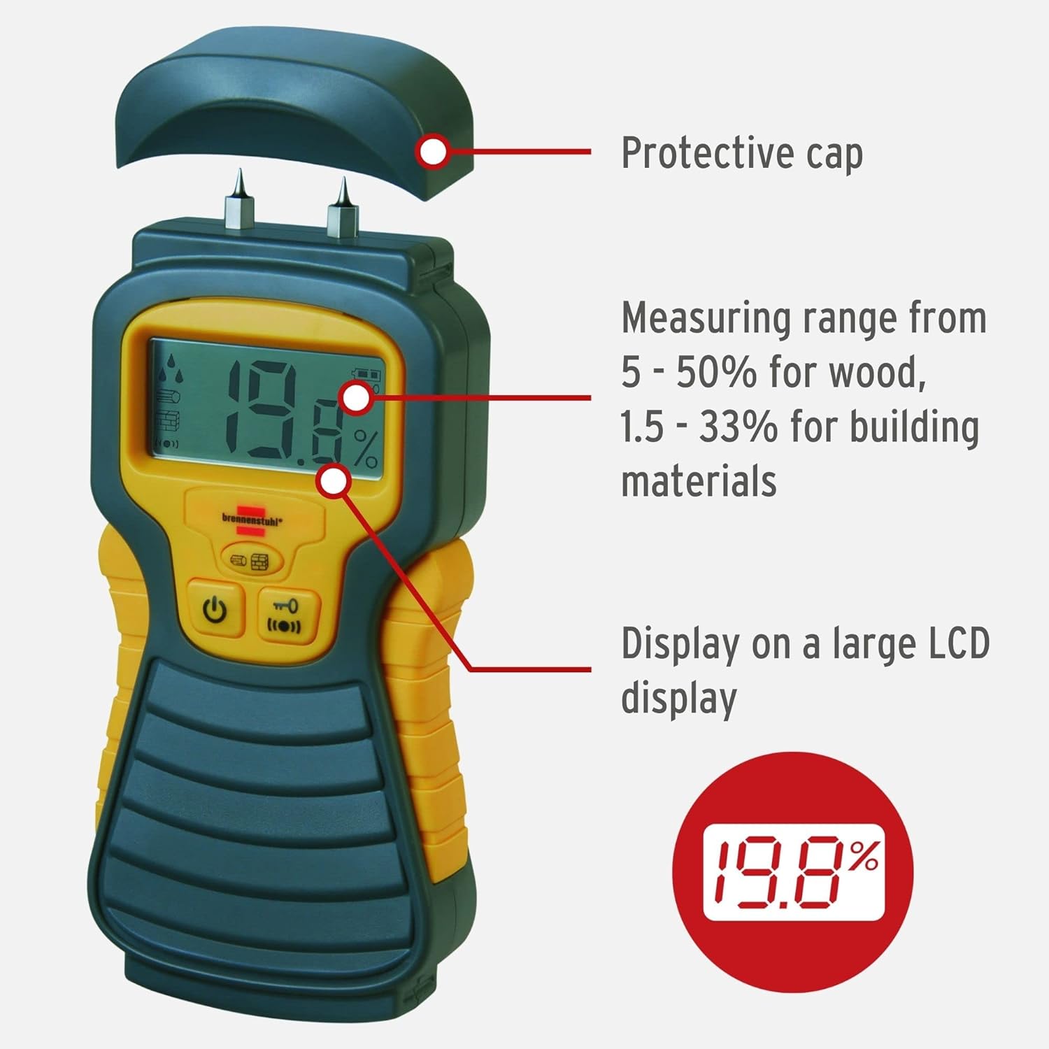 Brennenstuhl Vochtmeter MD (Vochtigheidsmeter voor hout/wanden/bouwmateriaal, met LCD Display) Antraciet/Geel