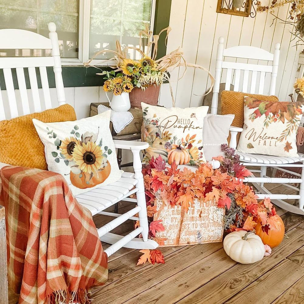 Cirzone Herfstdecoratie, herfstkussensloop, 45 x 45 cm, set van 4, zonnebloem, pompoen, herfst, decoratieve kussens, herfstdecoratie voor thuis, tuin, bank, slaapkamer