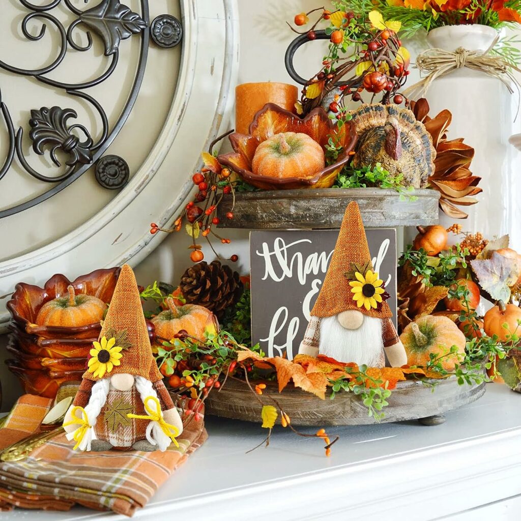 Godeufe 2-delige set herfst gonk kabouters pluche herfst Thanksgiving gelaagde lade decoraties handgemaakte oogst zonnebloem esdoornblad elf dwerg tomte boerderij vakantiehuis keuken feest ornamenten (sinaasappel)