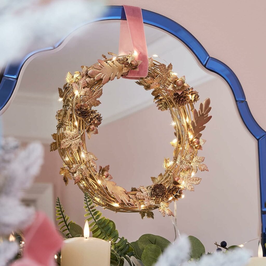 Lights4fun Gouden krans deurkrans 33 cm herfstdecoratie kerstdecoratie moderne adventskrans