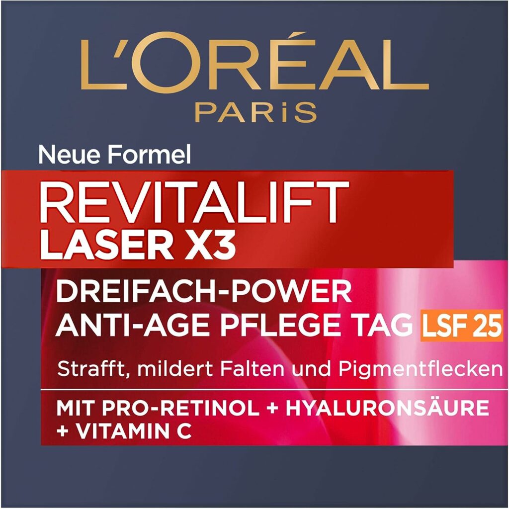 LOréal Paris Dagverzorging met SPF 25, verstevigende en opvullende anti-aging gezichtsverzorging met 3-voudige werking, met hyaluronzuur, vitamine C en pro-Retinol, Revitalift Laser X3, 50 ml