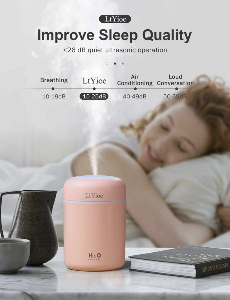 luchtbevochtiger LtYioe luchtbevochtigers klein, persoonlijke desktop luchtbevochtiger met kleurrijk licht, 2 mistmodi en automatische uitschakeling en 2 Filters, voor baby slaapkamer huis auto(roze)