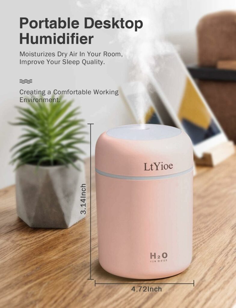 luchtbevochtiger LtYioe luchtbevochtigers klein, persoonlijke desktop luchtbevochtiger met kleurrijk licht, 2 mistmodi en automatische uitschakeling en 2 Filters, voor baby slaapkamer huis auto(roze)