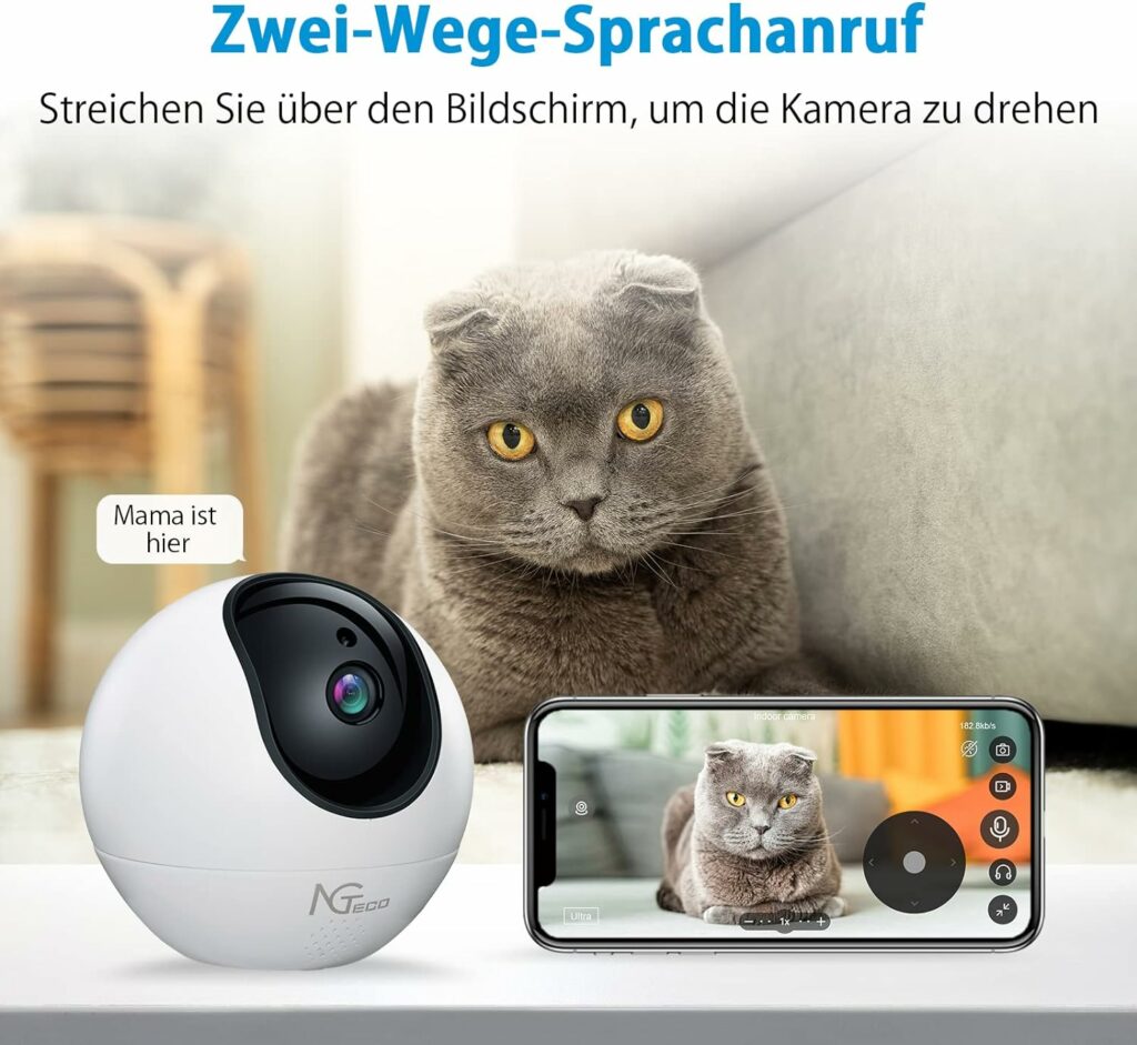 NGTeco 3MP beveiligingscamera voor binnenshuis, zwenk-kantelbare wifi-camera voor huisveiligheid, babymonitor, huisdier, hondencamera met bewegingsdetectie, nachtzicht, compatibel met Alexa/Google
