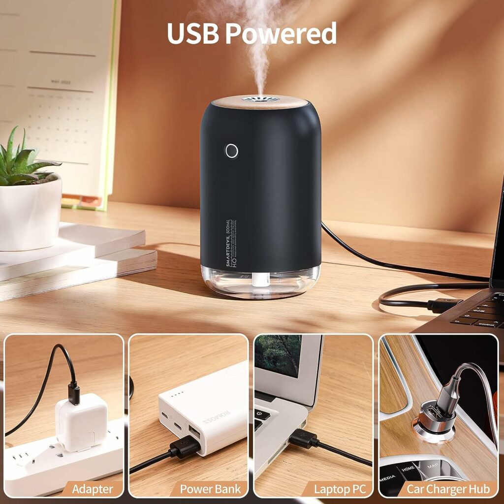 SmartDevil Draagbare Mini Luchtbevochtiger,500ml Kleine Desk USB Persoonlijke Desktop Luchtbevochtiger voor Slaapkamer,Kantoor,Reizen,Planten,Automatische Afsluiting,2 Nevelstanden, Superstil,Zwart
