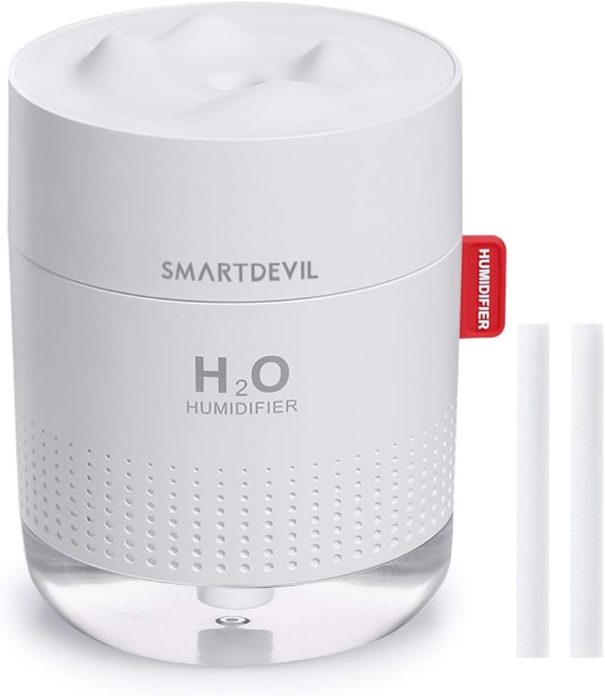 SmartDevil luchtbevochtigers, 500 ml luchtbevochtigers, fluisterstille werking, nachtlichtfunctie, twee sproeimodi, automatische uitschakeling, Etherische olie verboden, 2 Filters(Wit)